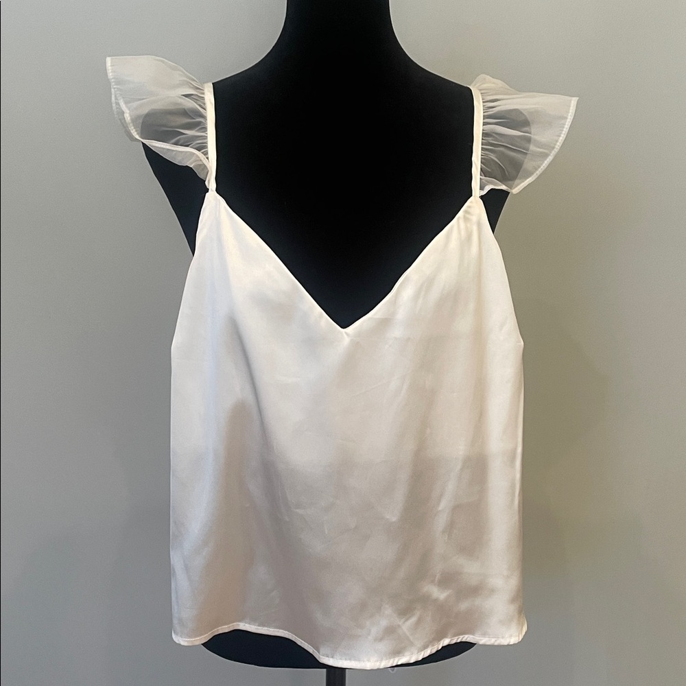 Sheer Ruffle Strap Satin Camisole - White